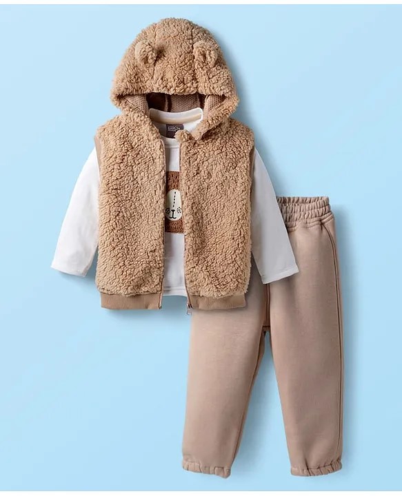 Little Kangaroos Woven Winter Wear Fur Jacket & Lounge Pant Set with T-Shirt & Bear Embroidery - Tan